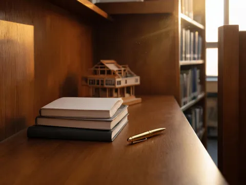 University library study desk with stacked dot-grid notebooks