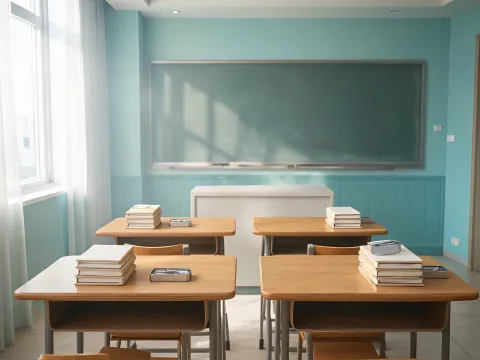 Primary school classroom with neatly stacked notebooks on each desk