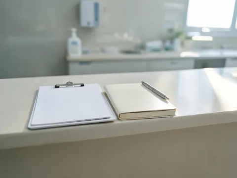 Hospital nurses station with a duty notebook and pen on counter