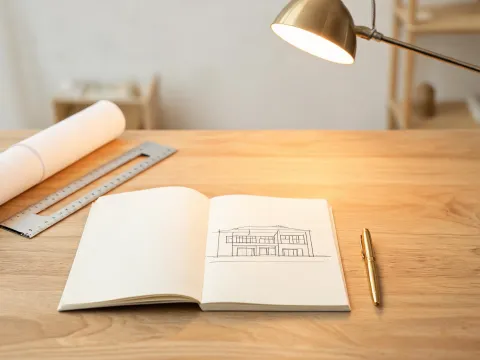 Architecture studio workbench with sketchbook and metal pen
