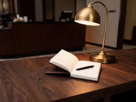 Hotel front desk concierge stand with leather-look notebook
