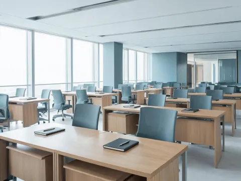 Open-plan corporate office desk with hardcover notebook and pen