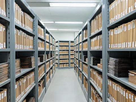 Government archive room with index folders and bound ledgers