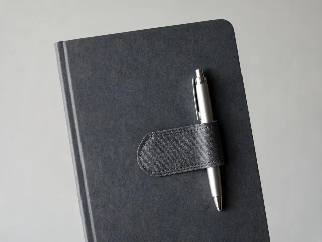 Leuchtturm1917 Pen Loop XL clipped onto a hardcover notebook spine